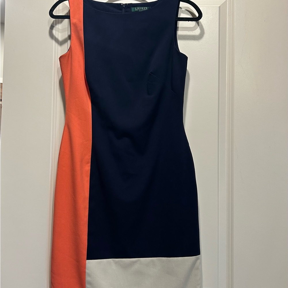 Lauren Ralph Lauren Navy, Orange, and White Strapless Dress